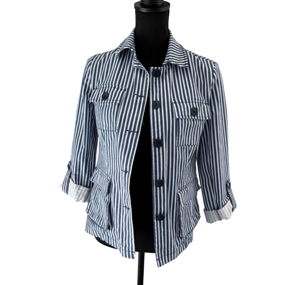 Tribal Striped Utility Jacket Womens XS Blue White Button Front Stretch‎ Cotton